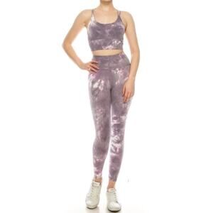 Women's Tie Dye Yoga 2 Pc Set High Waist Leggings Strappy Criss Cross Sports Bra